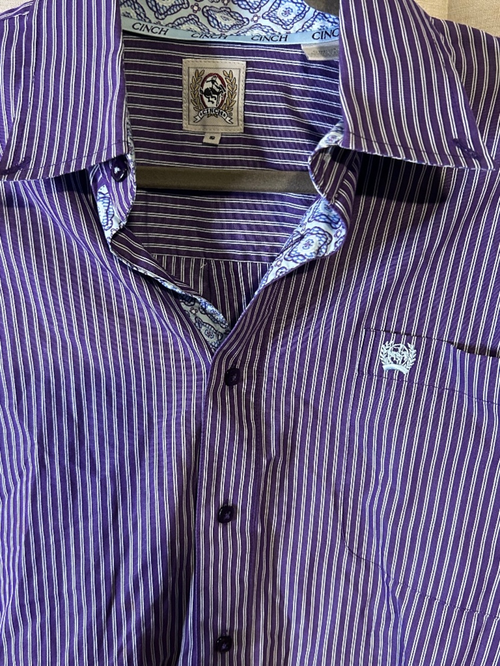 Cinch Men's Purple/White Striped Long Sleeve Woven Cotton Button-Up Shirt S